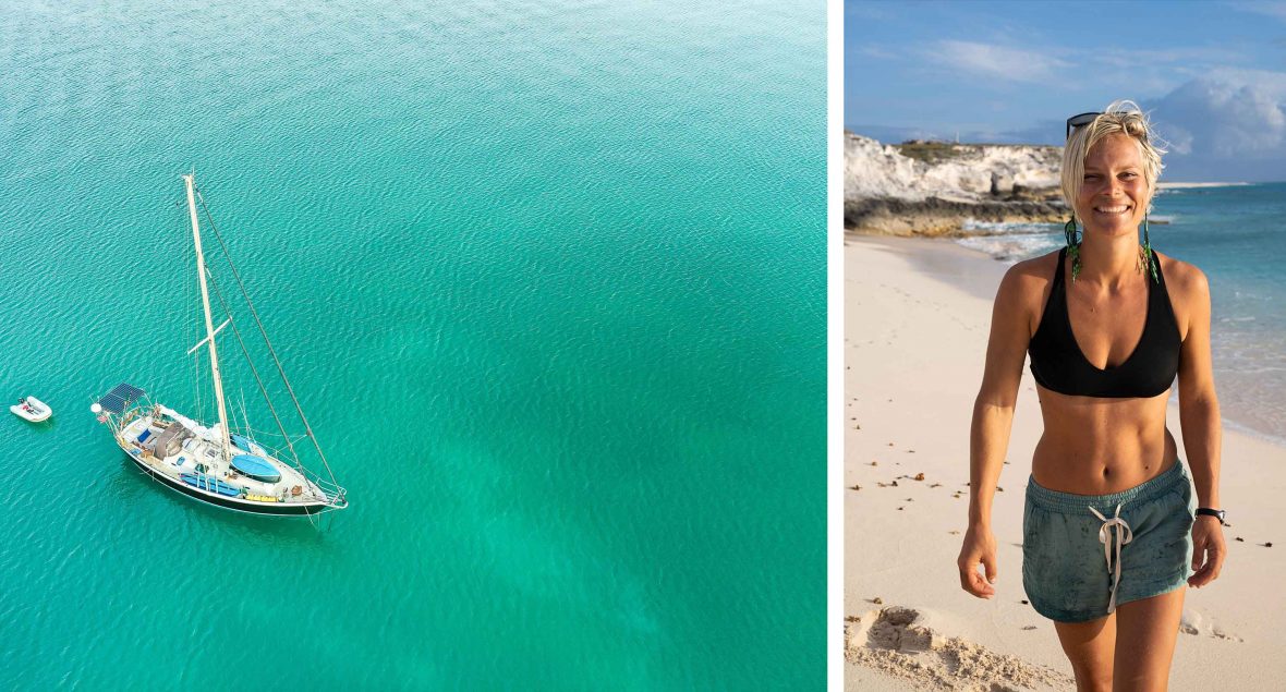 Left: A sail boat in turquoise water. Right: Angel walks along the beach smiling.