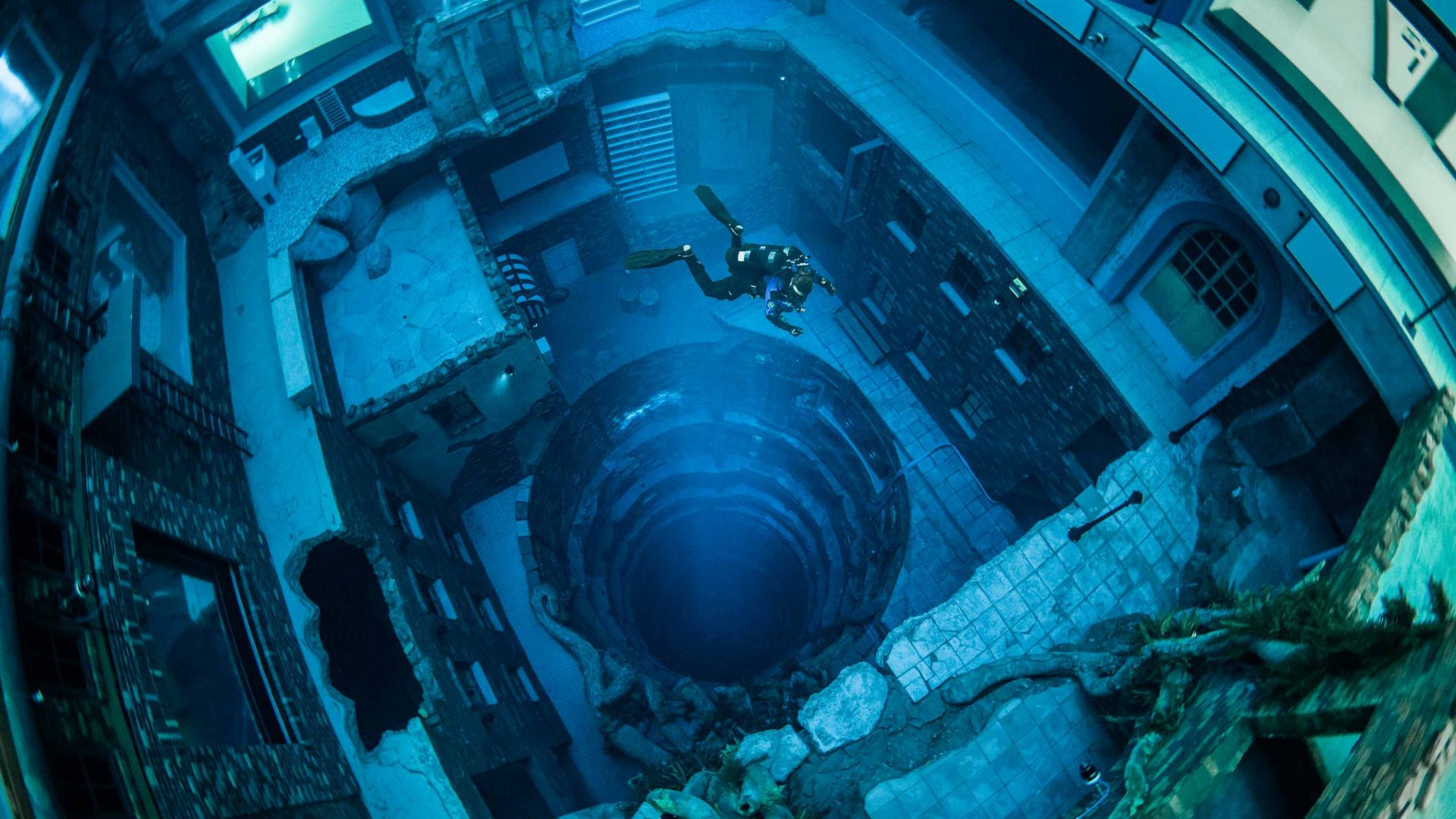 Looking down into the depths of the underwater structures.