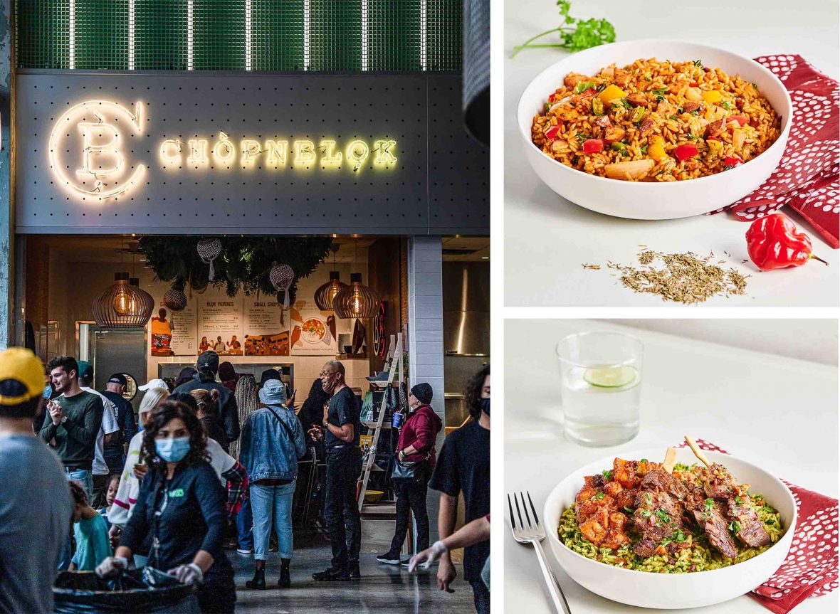 Left: The exterior of Chopnblok with a lot of people. Right: Two dishes of food, one rice based and the other with meat.