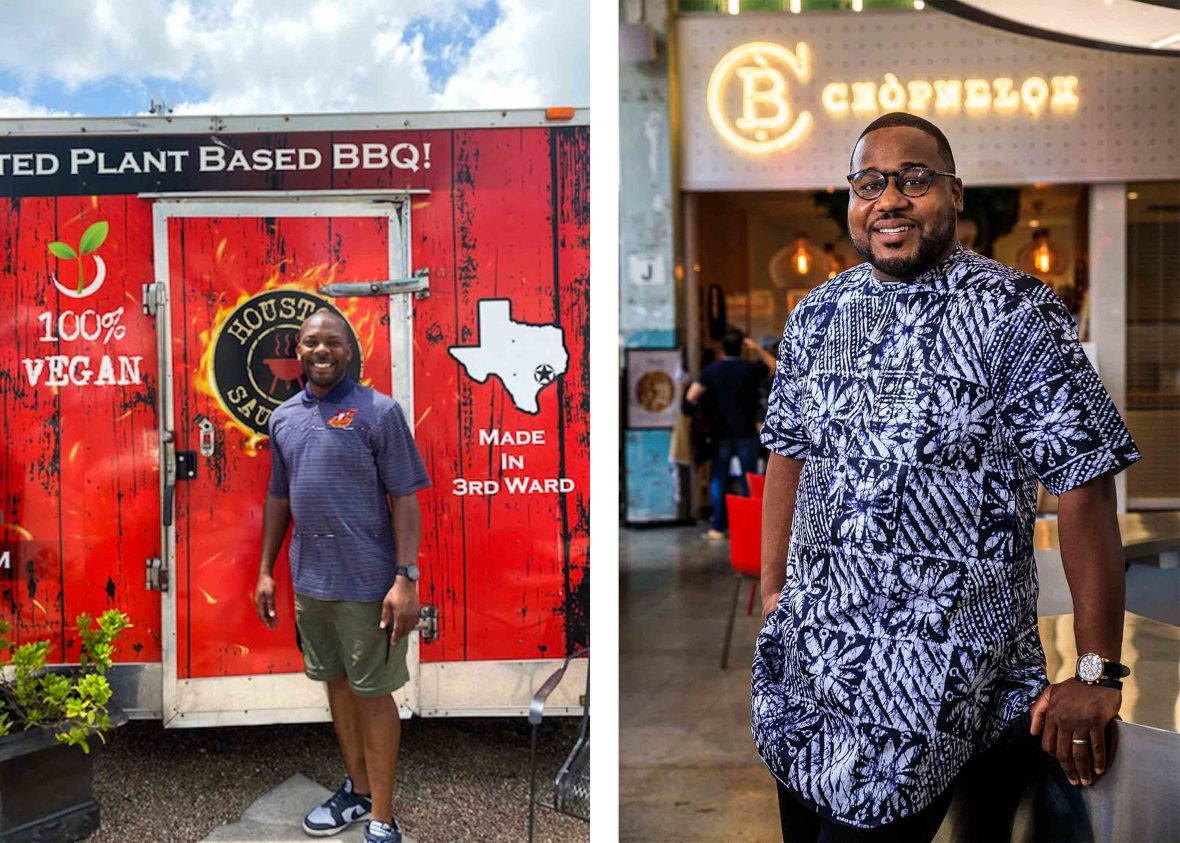 Two portraits of male chefs in front of their respective restaurants.