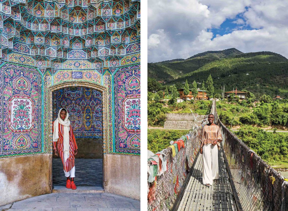 Left: Jessica in front of a colourful mosque wall; Right: walking across a pedestrian bridge in a valley.