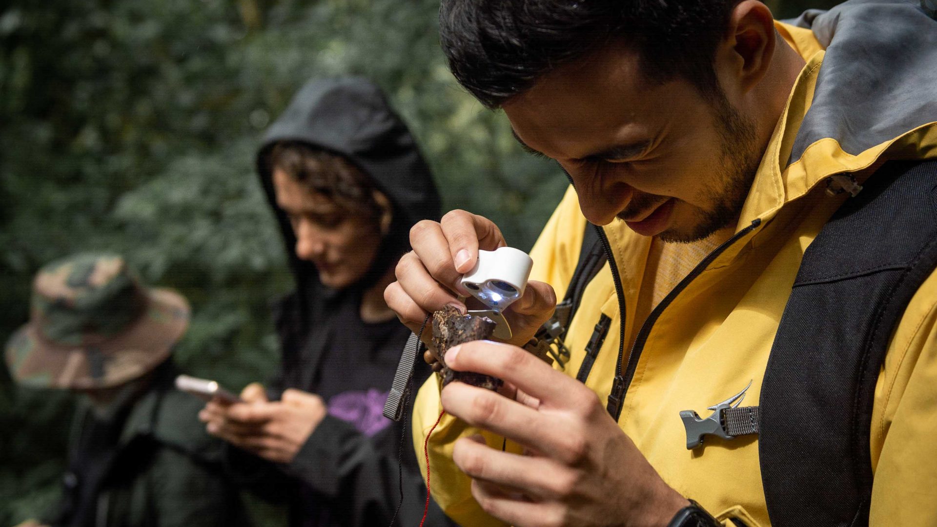 Two people look closely at the detail of mushrooms with phones and magnifiers.