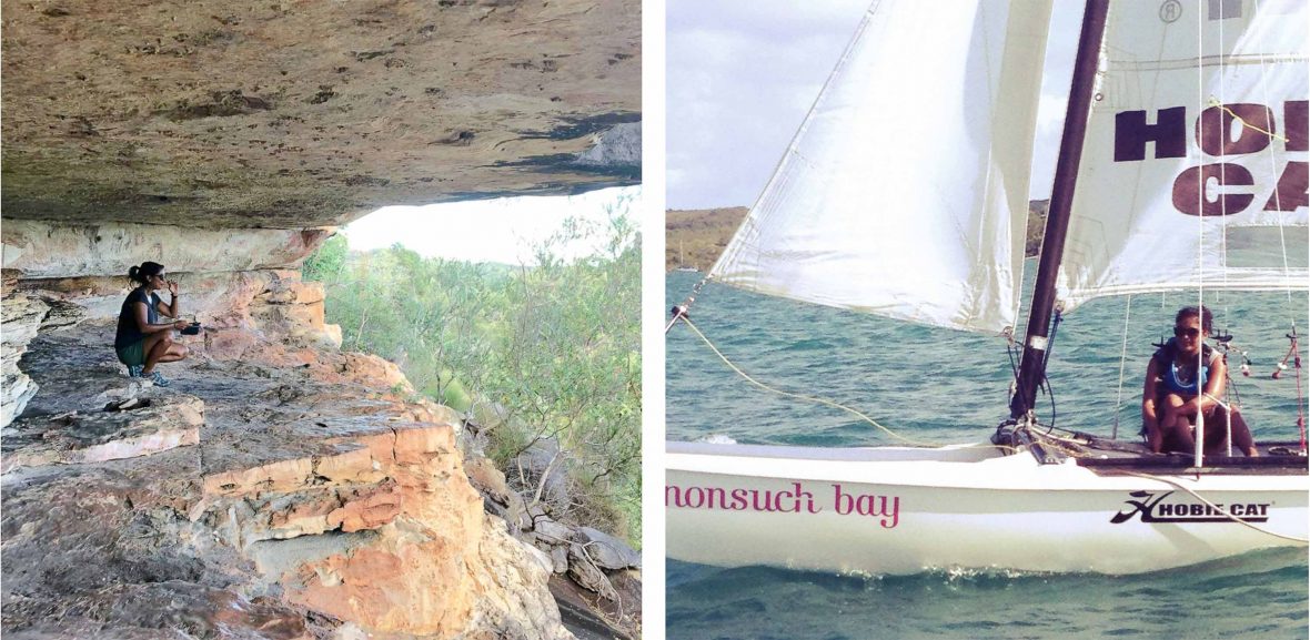 Left: Karen sits in a cave; Right: Karen sails a small boat.