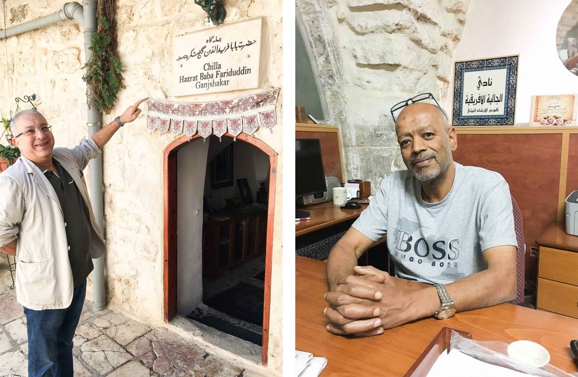Left: A man points to the entry of an old Hospice. Right: A man sits at a desk and smiles to camera.