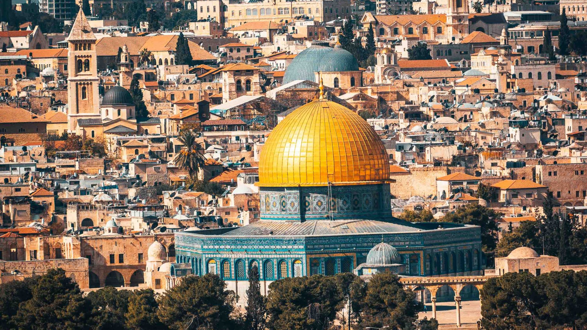 The city of Jerusalem with the golden dome of the Rock Mosque.