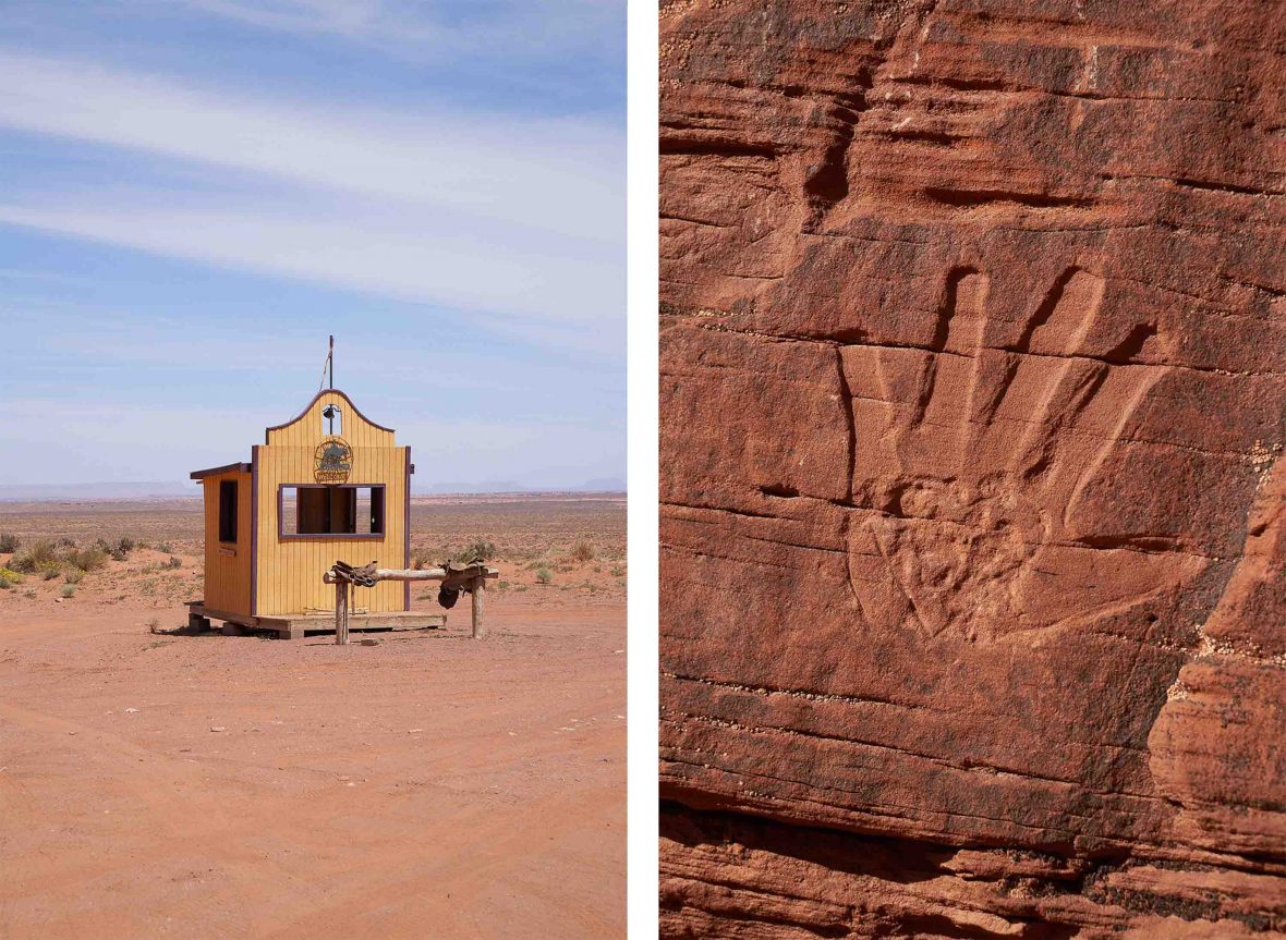 Left: A small yellow structure in the desert; Right: A hand print in the rock.