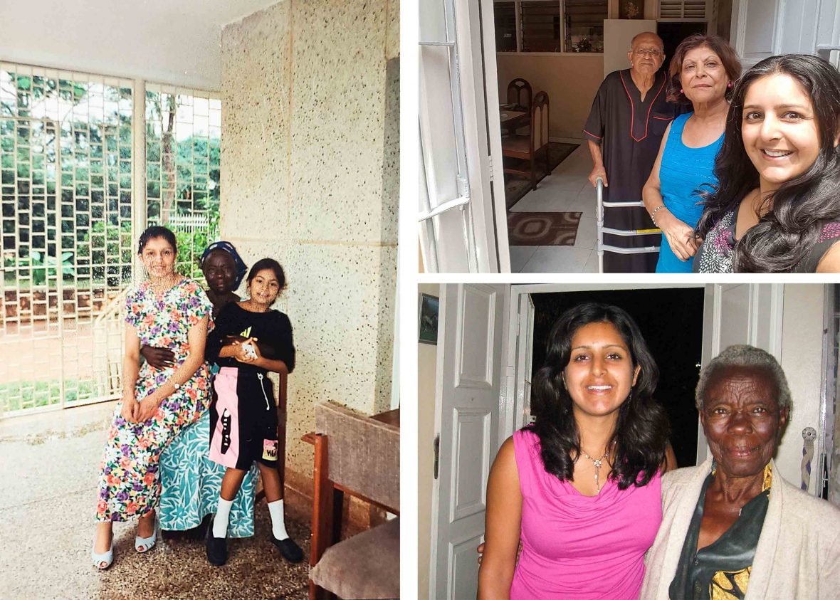 Three seperate photos. Left: Two Ugandan Asians sit with their nanny. Top right, three people smile to camera. Bottom right: The writer smiles with her mothers former nanny.