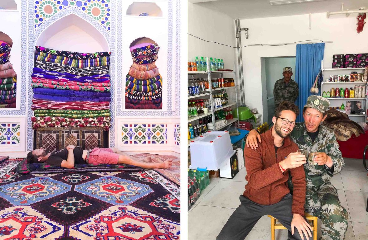 Left: Johnny lies asleep on some colorful rugs. Right: Johnny toasts a man in army fatigues.