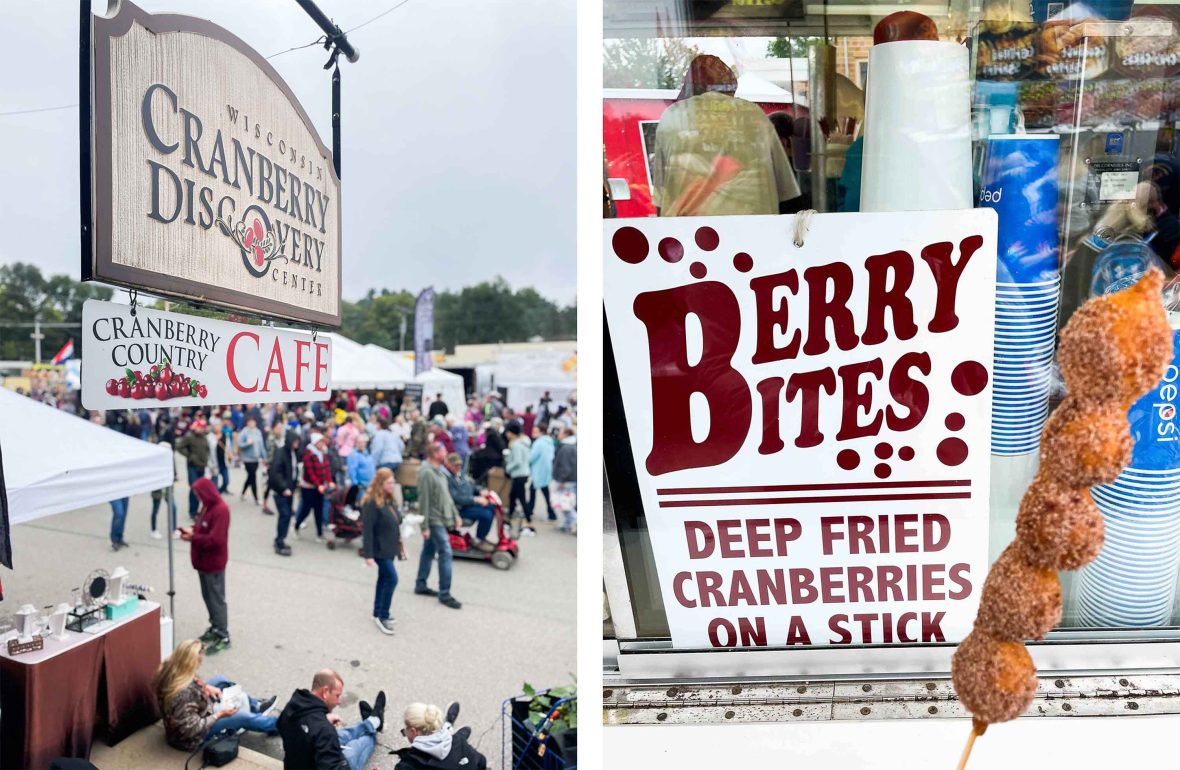 Crowds at a festival on the left and deep fried cranberries on the right.