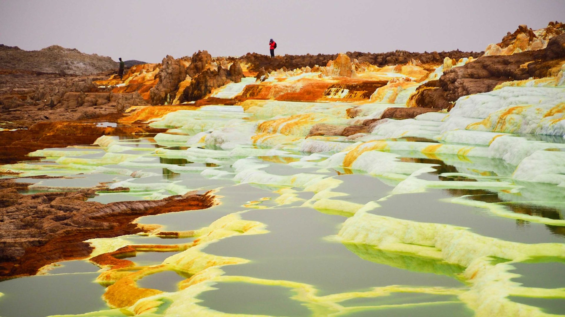 Surreal sulphur pools in shades of rusty brown and yellow.