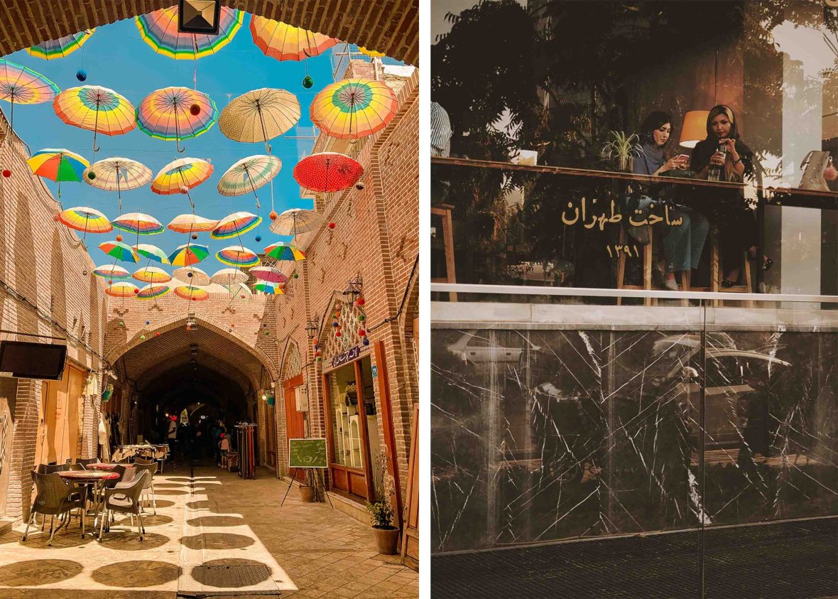 Left: Empty cafe seats at Grand Bazaar in Tehran, Iran. Right: Women at Sam's cafe in Tehran, Iran.