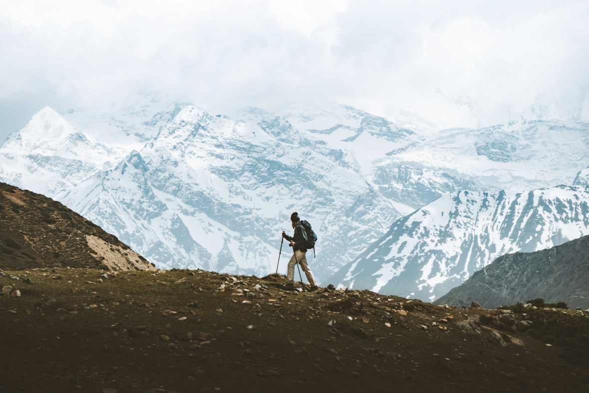 A person hikes in the Himalaya.
