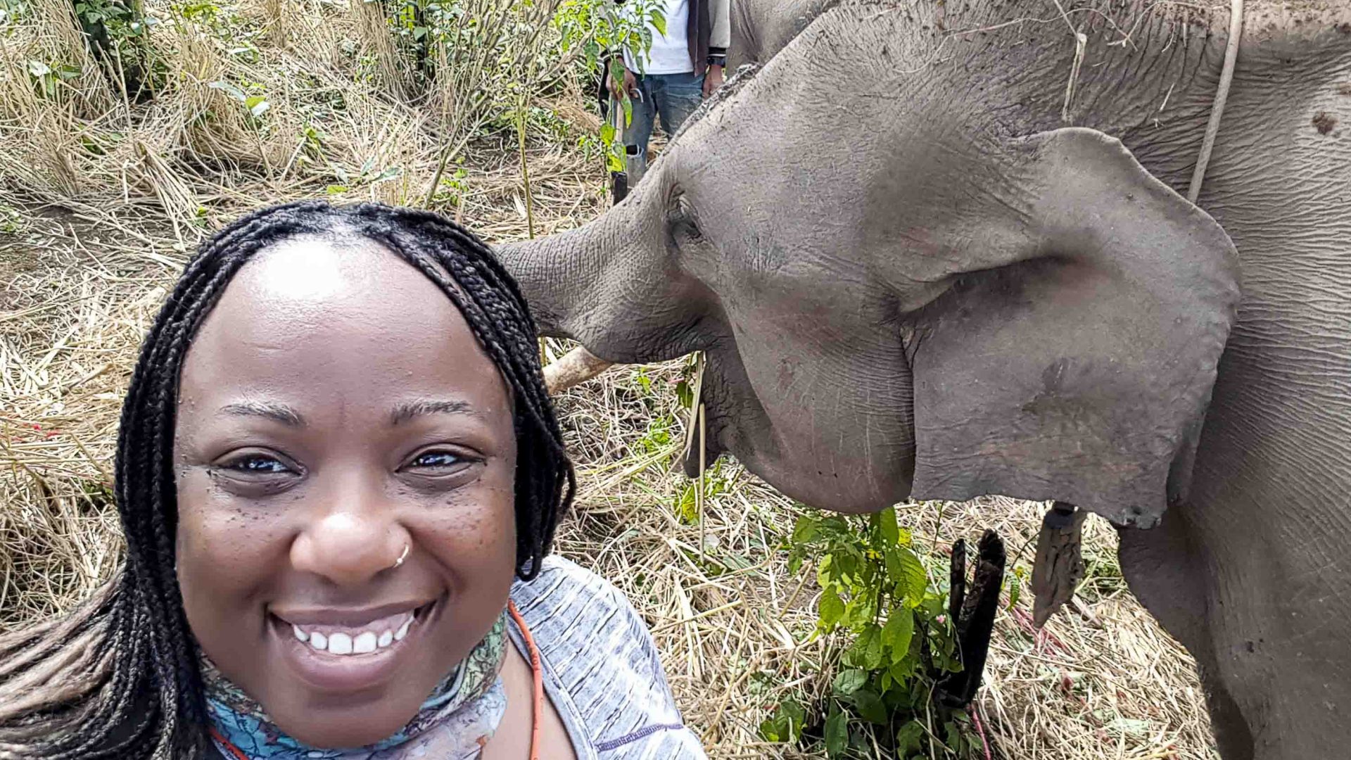 A woman does a selfie with an elephant in the background.