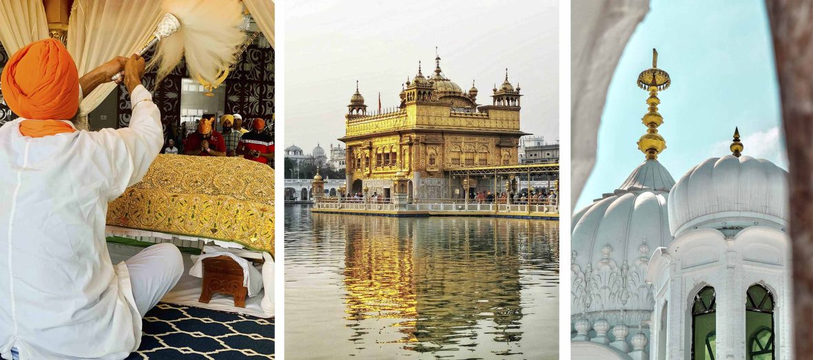 Left: A Sikh plays a horn; Centre: A golden temple; Right: Parts of a white temple.
