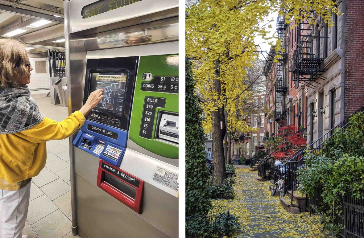 Left: An older woman uses a subway ticket machine. Right: Trees in an array of fall colors line a street of brownstones.