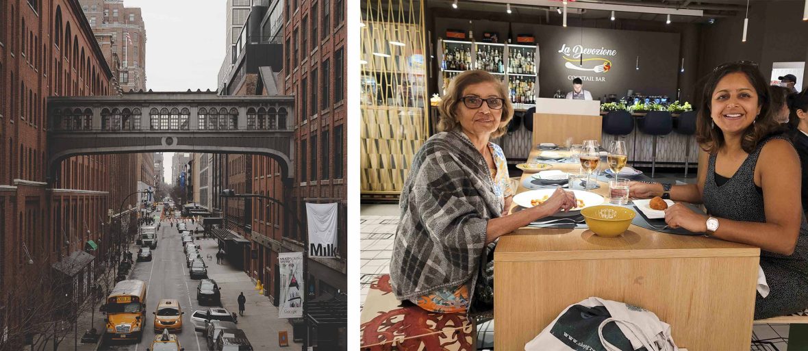 Left: Looking at the brown buildings of Chelsea and the street below. Right: The writer and her mother at a restaurant.