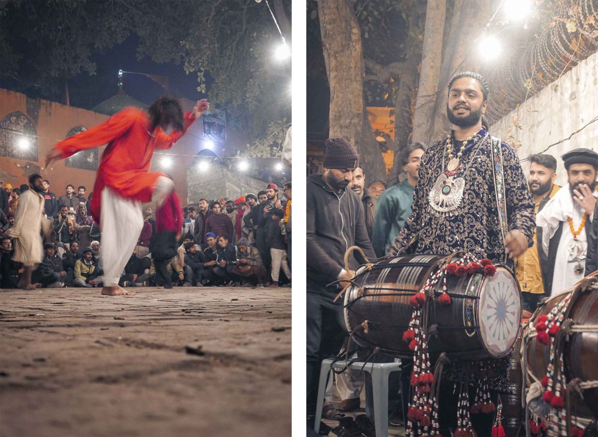 A man dancing and another playing a drum as crowds watch.
