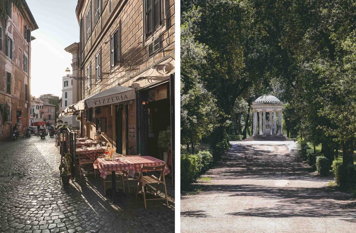 Left: A narrow cobbled street lined with restaurant tables and chairs. Right: A stone gazebo framed by trees.