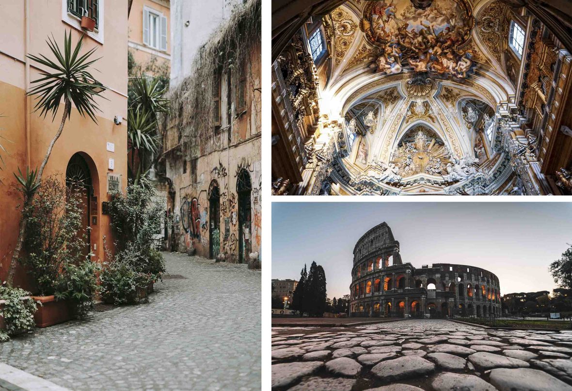 Three images. The first of a small lane with vines covering walls. The second, the detailed interior of Church of the Twelve Holy Apostles. The third image is of the Colosseum at dusk.