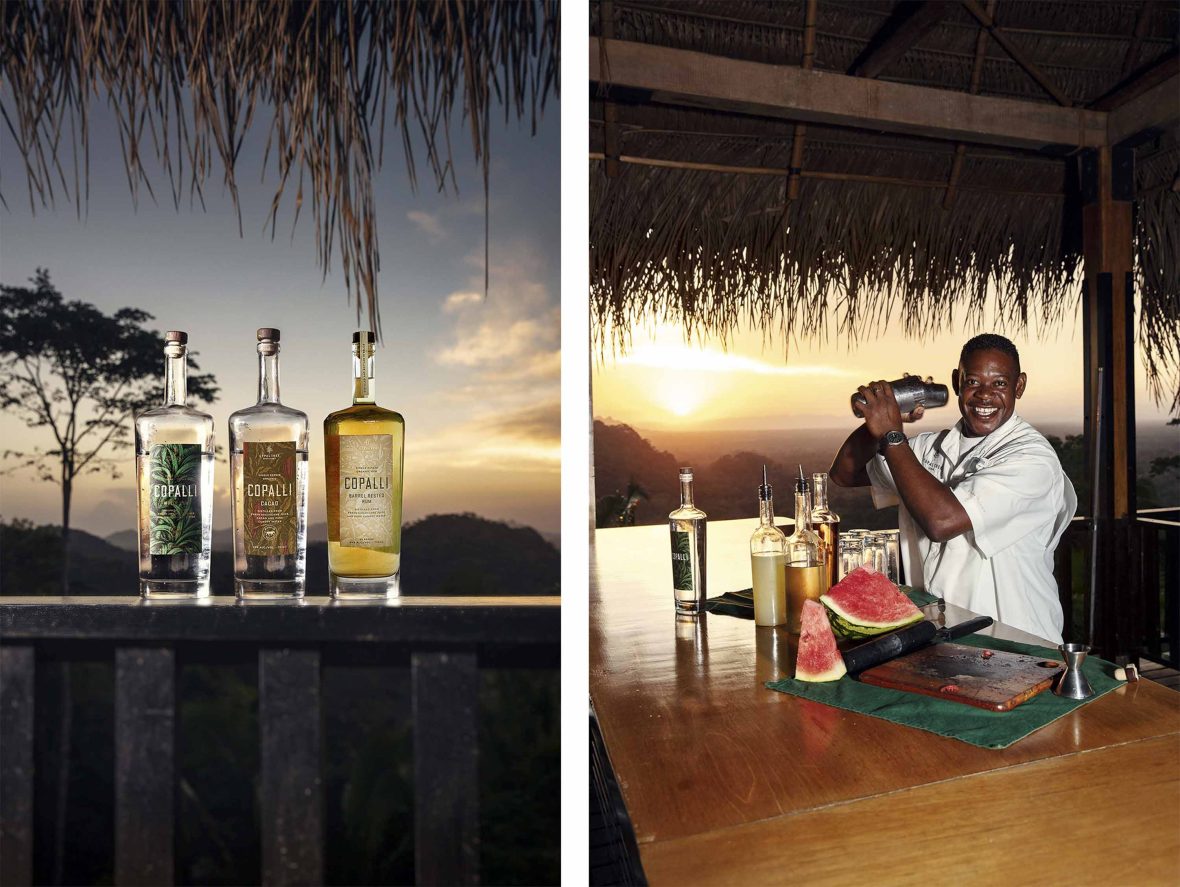 One picture of some rum bottles lined up in front of a sunset. A second photo of a man mixing cocktails against a sunset.