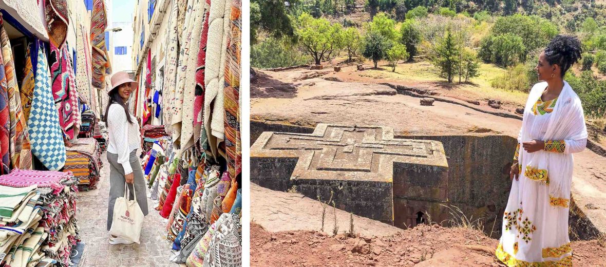 Left: a woman walks through stalls hung with rugs and fabrics. Right: A woman stands next to a tomb.