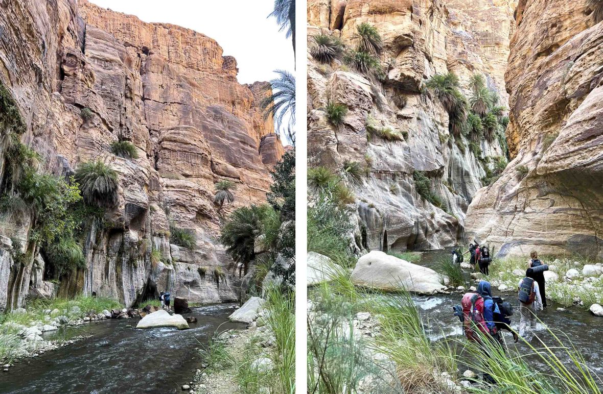 Left: Rocks and water in the canyon; Right: The group walks through the water during their trek.