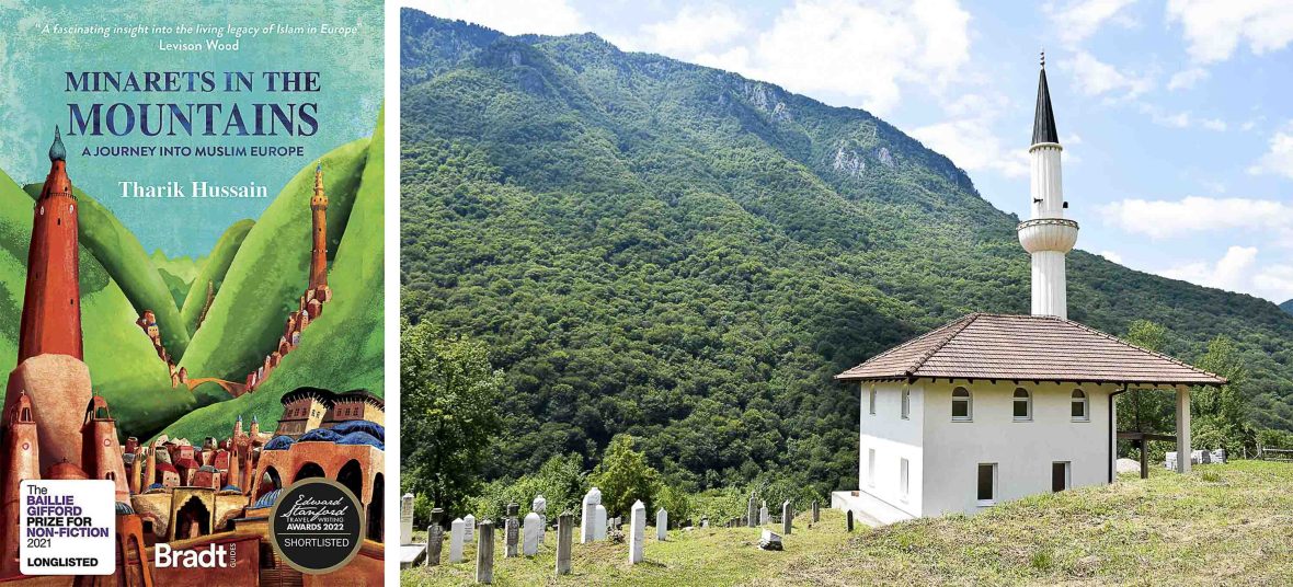 Left: The book cover showing a mosque in the mountains. Right: A photo of a mosque and its minaret in the Bosnian mountains.