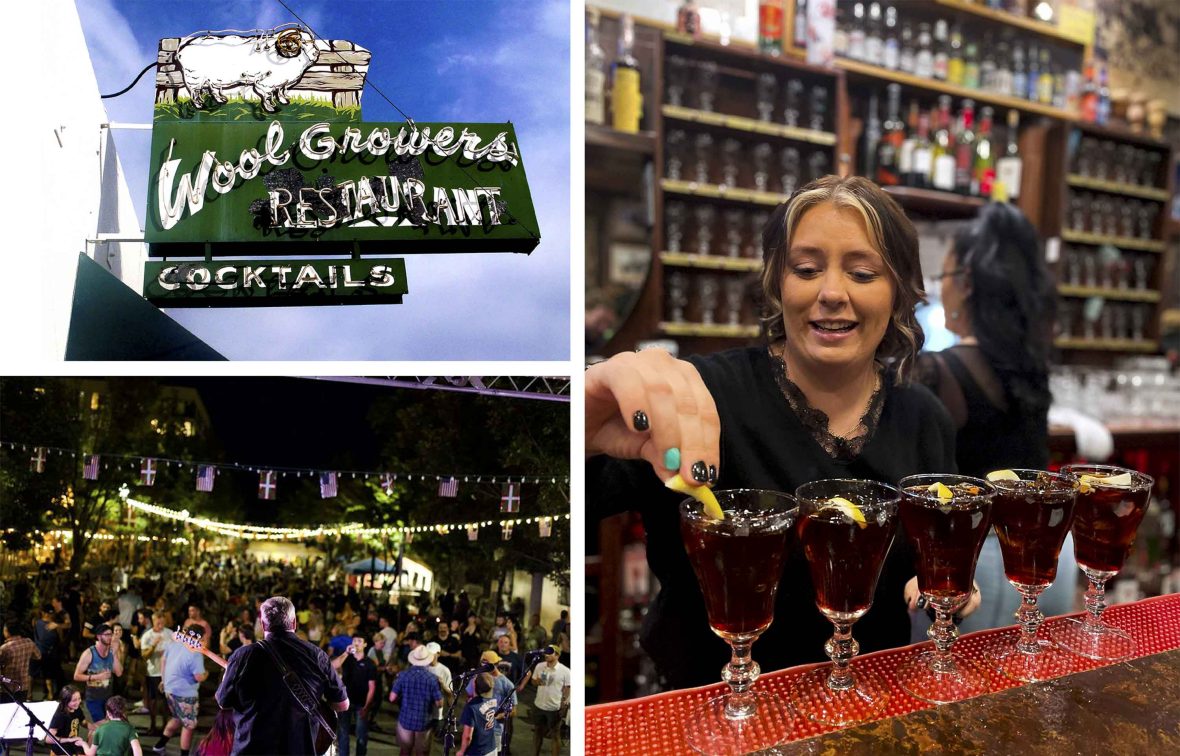 Top left: The green sign of a restaurant. Bottom left: Crowds at a street festival at night watch a man play guitar. Right: A woman pours cocktails at a bar.