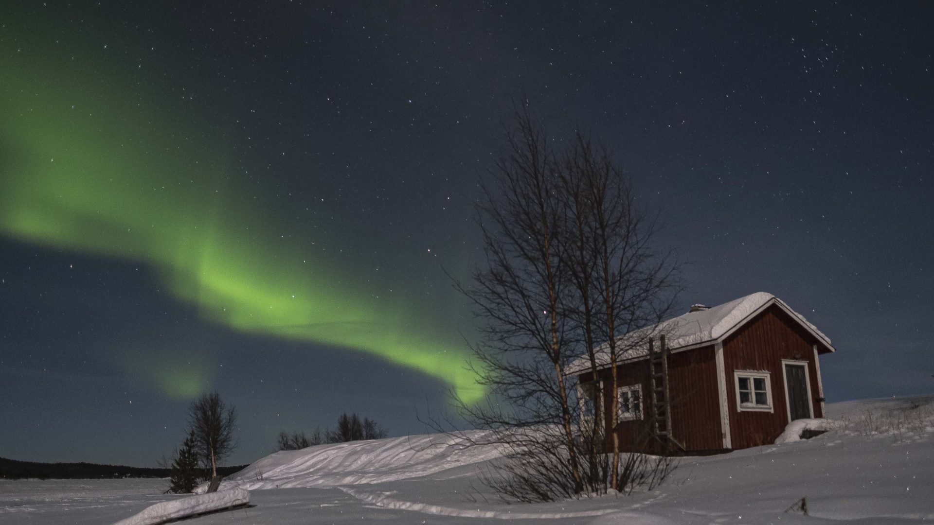 Green Northern Lights over a wooden house.