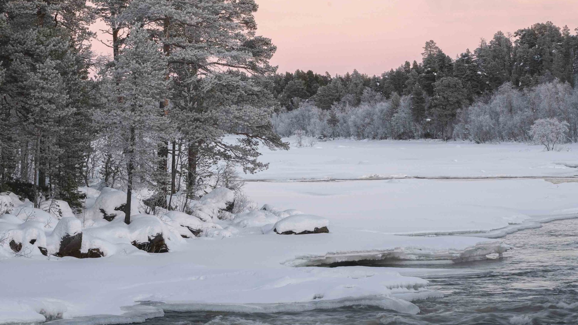 Snow approaches the edge of a lake. The sky is pink with the light at the end of the day.