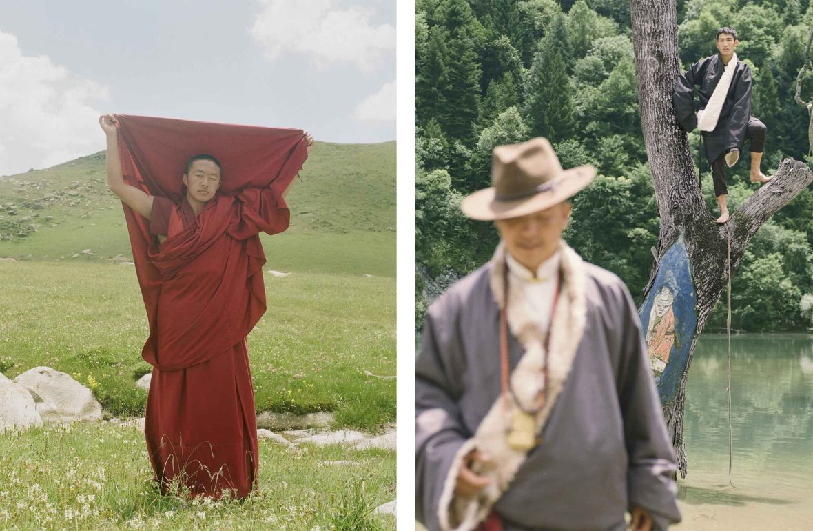 Left: A man in a red robe holds it above his head. Right: A man in a tree looks down at a a man in a hat walking past.