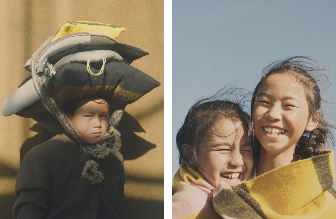 Left: A small child carries cushions on his head. Right: Two young girls laugh as they hold each other.
