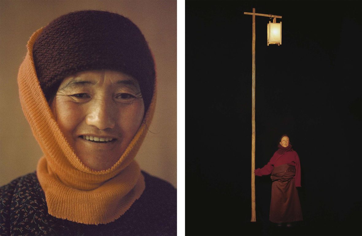Left: A close up of a woman with textiles over her head and around her chin smiling. Right: A woman in the dark wears red textiles and holds a single lantern.