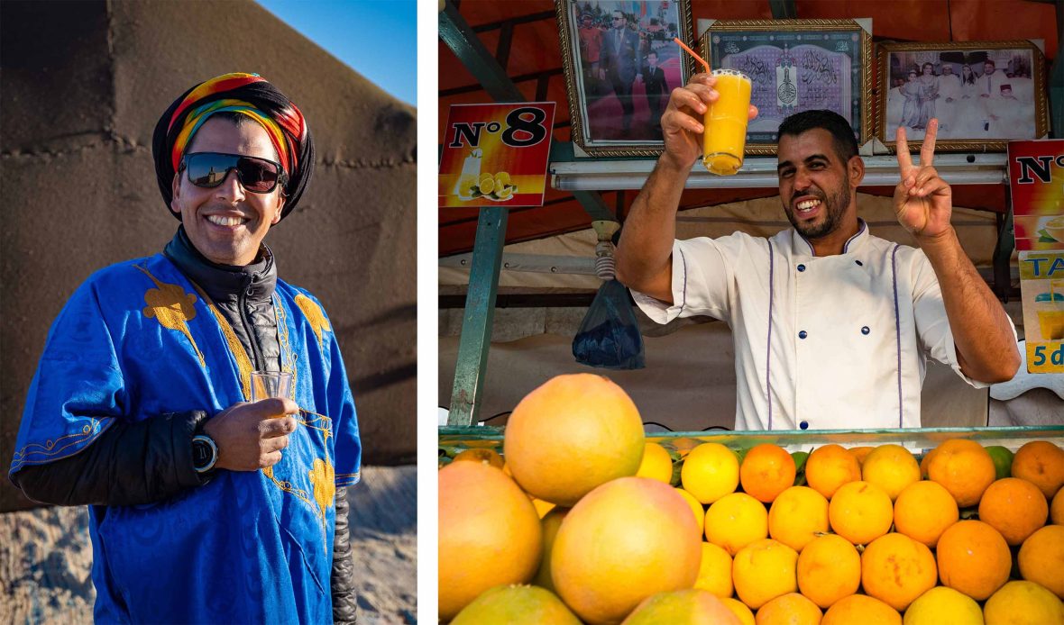 Left: A man in blue smiles at the camera. Right: A juice seller holds up a glass of orange juice at his stall.