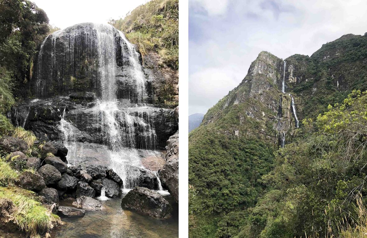 Two photos of a cascading waterfall, one seen from a distance and one closer up.