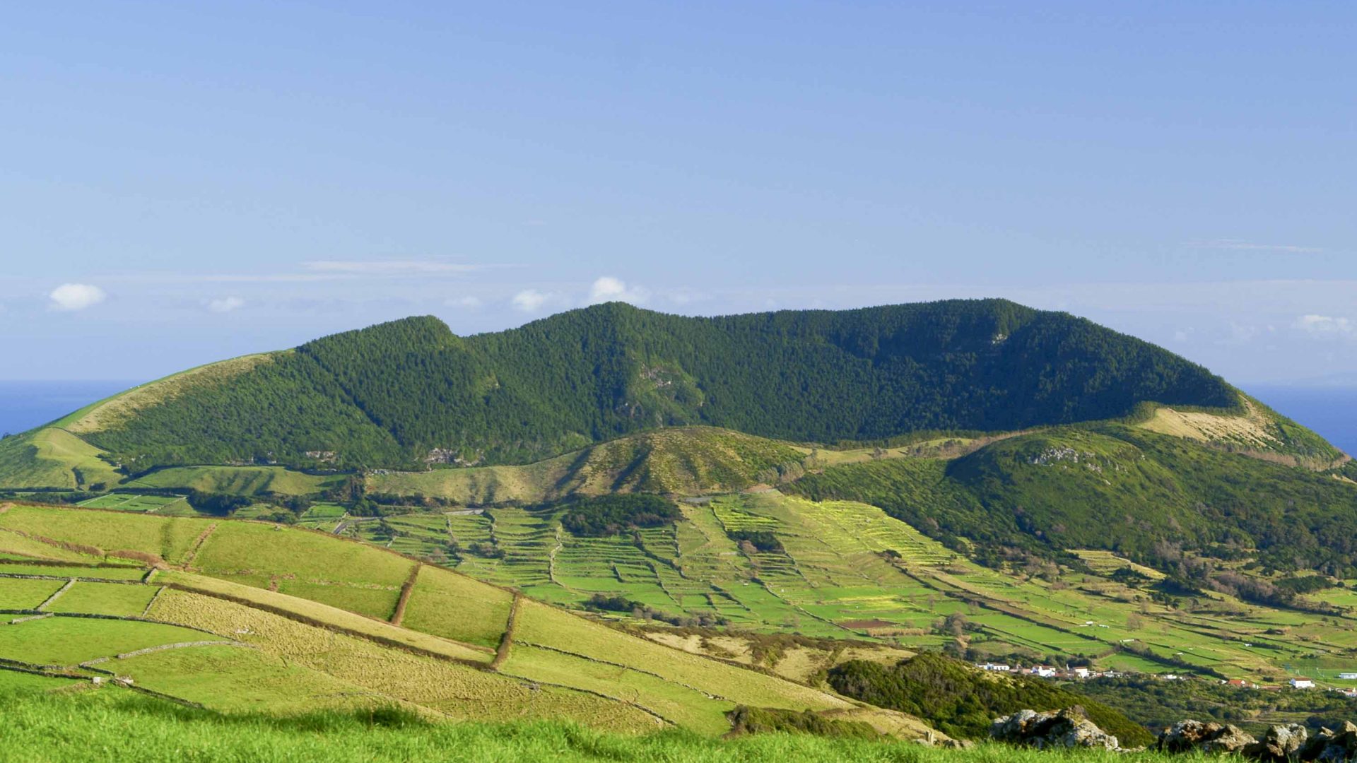 A green mountain surrounded by green fields.