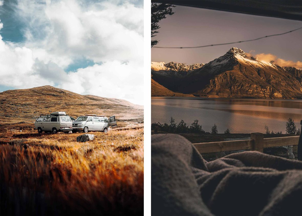 Left: Two vans in a fields of earthy coloured tones. Right: Looking out the door of a van toward some snow covered mountains.