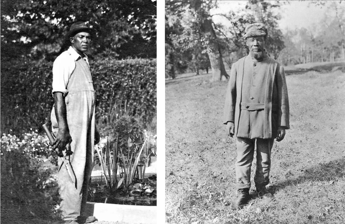 Two black and white photos of people standing in grass.