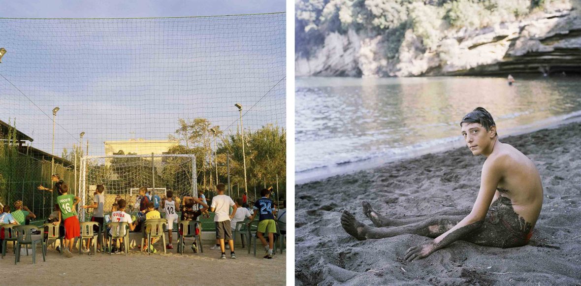 Left: Young kids sit on seats at a sports court. Right: A young by covered in sand on the beach.