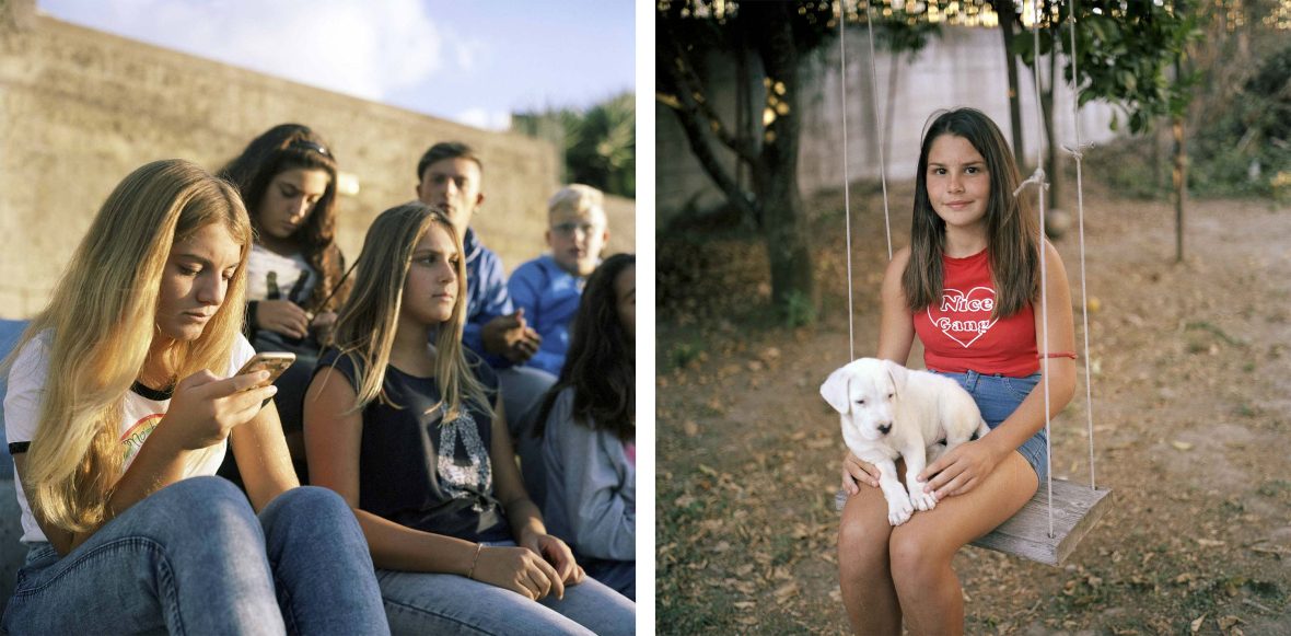 Left: A group of adolescent teen girls sit on some steps. Right: A young girls sits on a swing with a white dog.