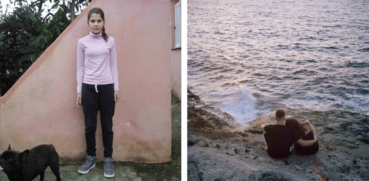 Left: A young girl stands against a wall with a dog. Right: Two adolescents sit by the water.