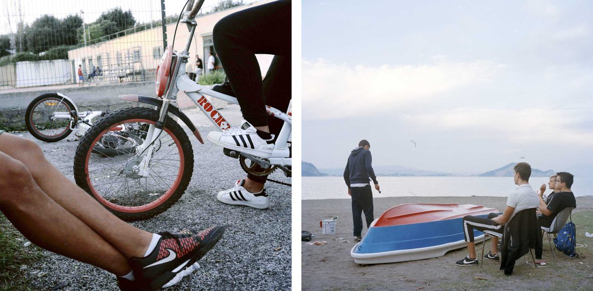 Left: Feet on bicycle. Right: Young boys sit around a boat on the beach.