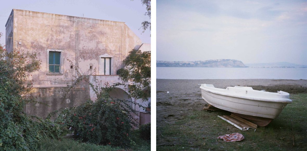 Left: Soft light falls on an old building surrounded by trees. Right: A single boat on the sand of a beach.