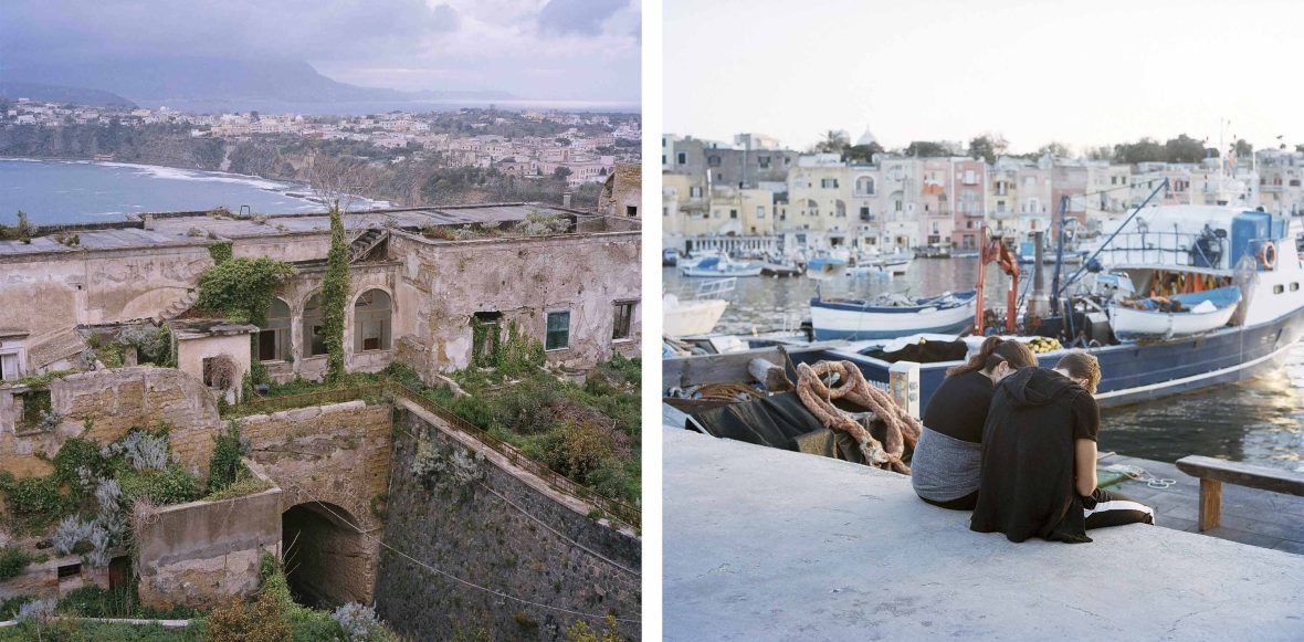 Left: Crumbly buildings in Procida. Right: Two people sit by the harbour surrounded by boats.