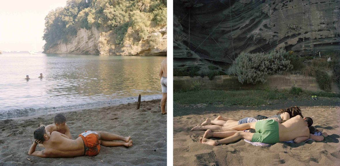 Left: Young boys life on the sand of a beach. Right: A teen couple lie together on the sand of a beach.