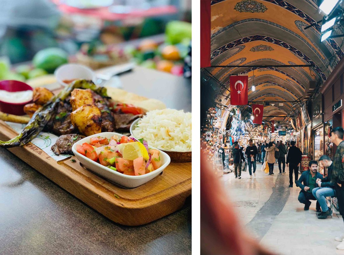 Left: A plate of Turkish grilled food. Right: People walk through the lane of a market with Turkish flags hanging down.