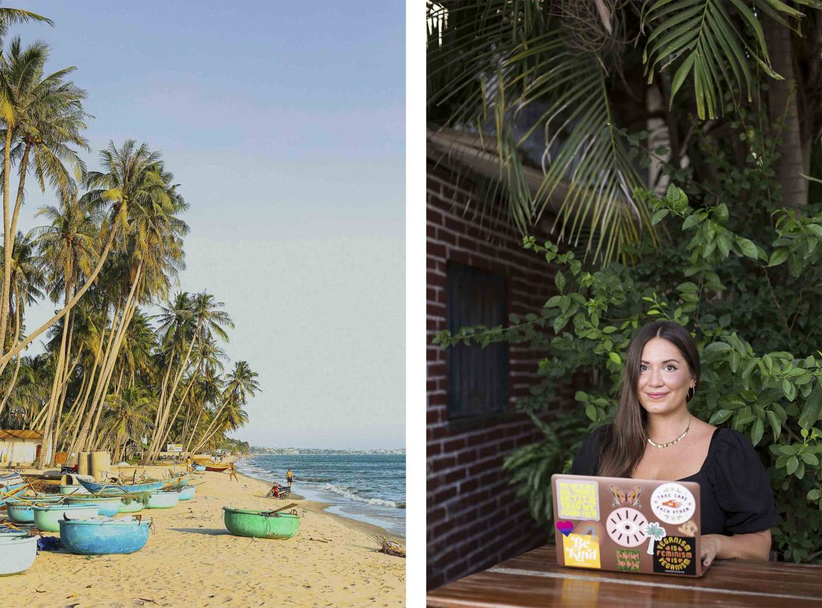 Left: A beach with colorful round boats on it. Right: A woman sits at a laptop.