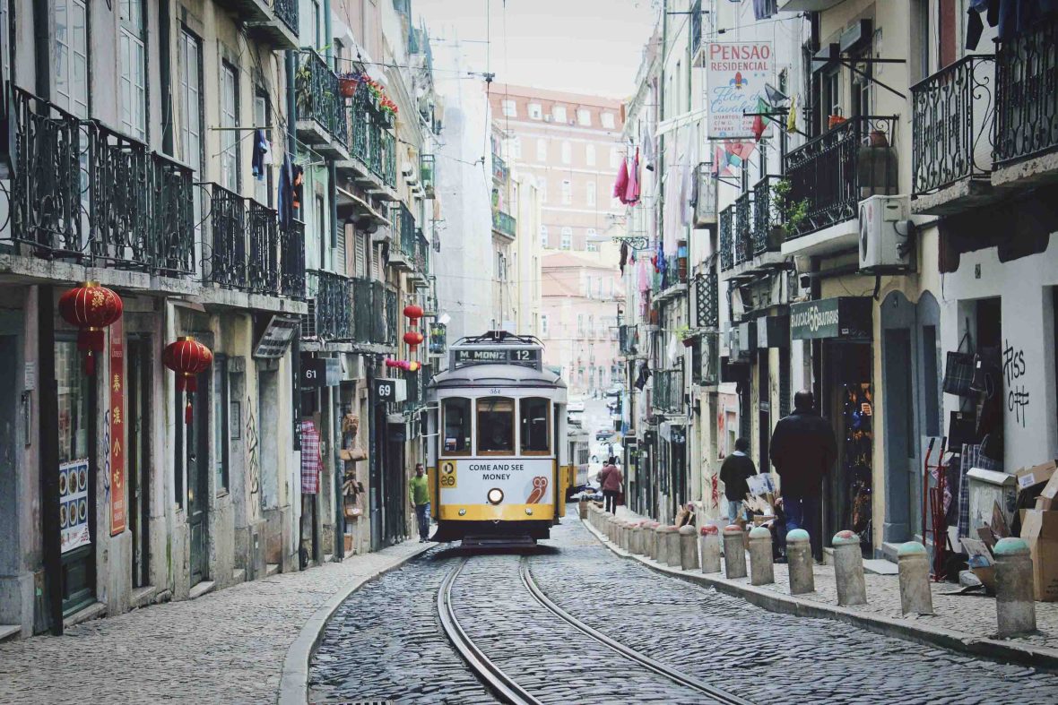 A tram travels through Lisbon.