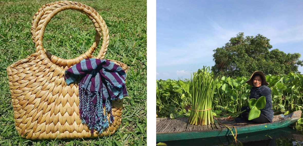 Left: A basket made of hyacinth. Right: A woman picks hyacinth from the lake in Siem Reap.