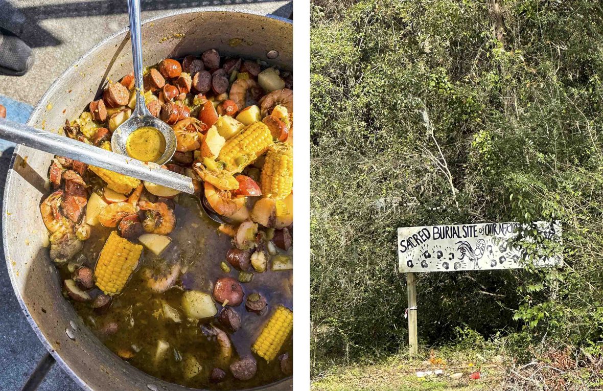 Left: A mix of seafood and vegetables in a large bowl; Right A wooden sign by some trees that indicates where a burial site is.